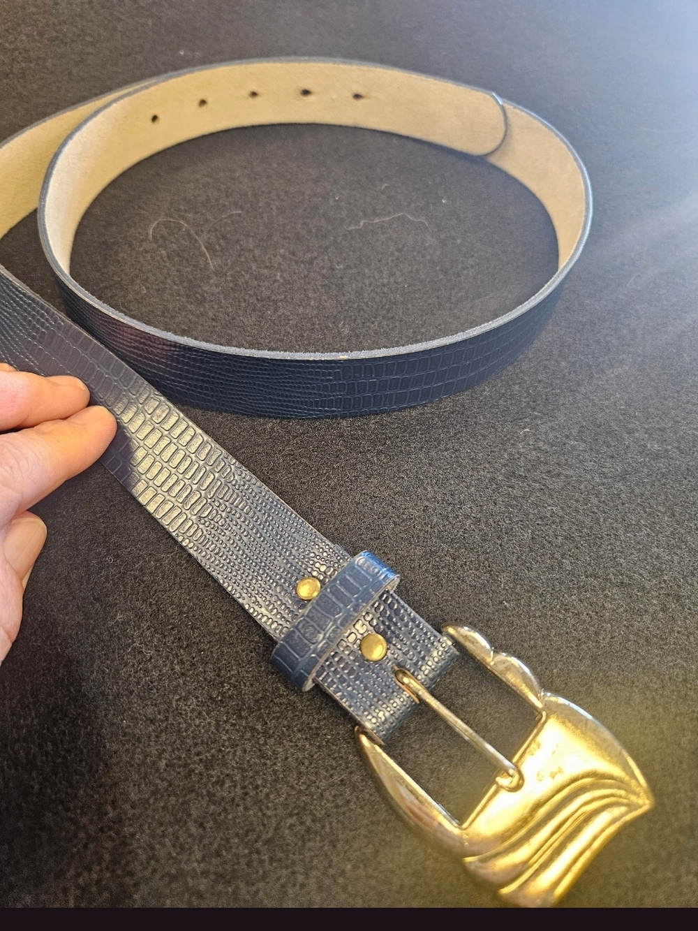 Women's Navy Croc-Embossed Leather Belt with Gold Buckle